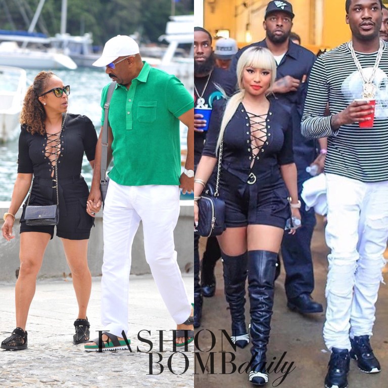 Who Wore It Better? Marjorie Harvey vs. Nicki Minaj in Balmain Resort 2016 Black Plunging Lace Up Neckline Belted Playsuit