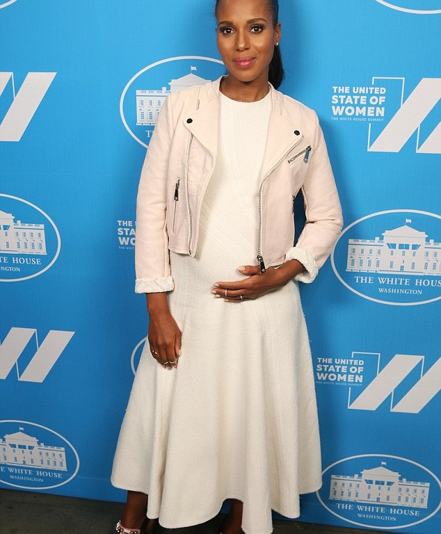 Splurge: Kerry Washington’s Washington Women Summit’s Hugo Boss White Dress, Maje Cream Moto Jacket, and Christian Louboutin ‘Pyrabubble’ Heels