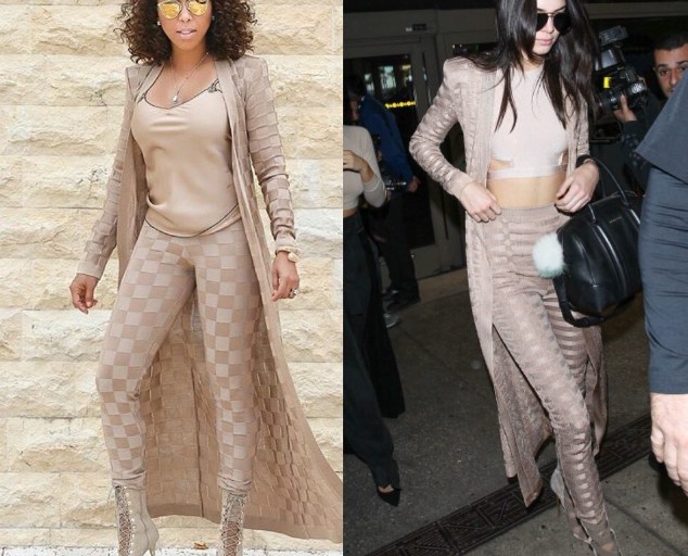 Who Wore it Better? Marjorie Harvey vs. Kendall Jenner in Balmain’s Brown Geometric Print Long Cardigan and Pants