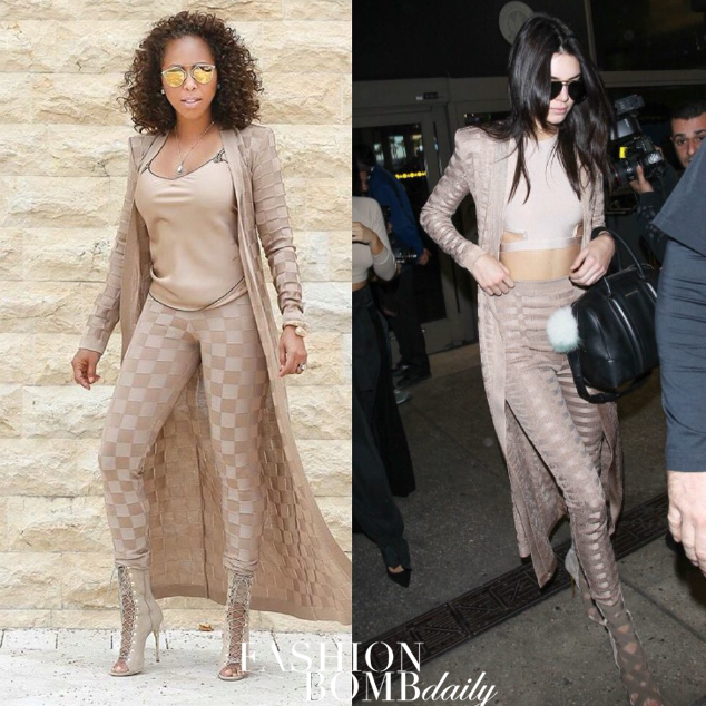Who Wore it Better? Marjorie Harvey vs. Kendall Jenner in Balmain’s Brown Geometric Print Long Cardigan and Pants