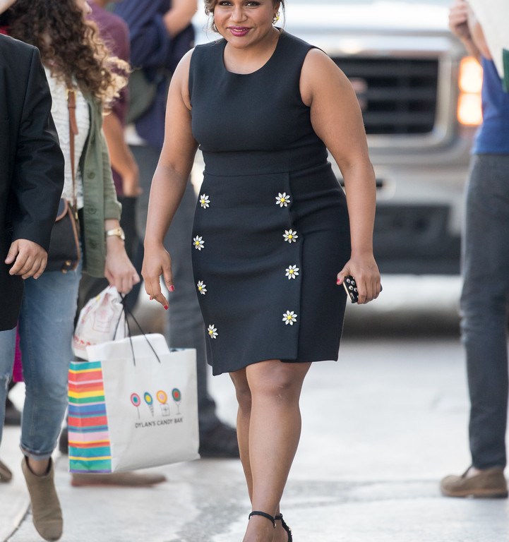 Splurge: Mindy Kaling’s Jimmy Kimmel Live Dolce & Gabbana Black Sleeveless Embellished Daisy Dress and Daisy Embellished Sandals