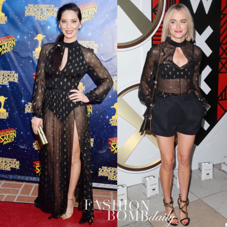 Who Wore It Better? Olivia Munn vs. Taylor Schilling in Vatanika’s Gold Thread Polka Dot Blouse