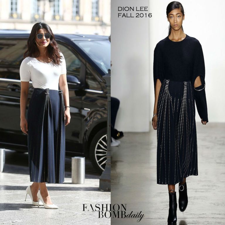 Hot! or Hmm… Priyanka Chopra’s Paris Dion Lee Fall 2016 Ink and Ivory Aperture Pleat Skirt