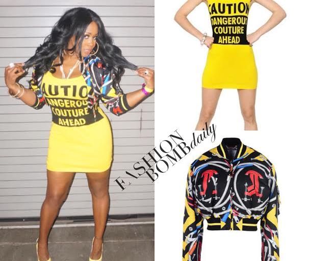 Splurge: Remy Ma’s Powerhouse Moschino S/S 2016 Caution Dress and Moschino Bomber Jacket