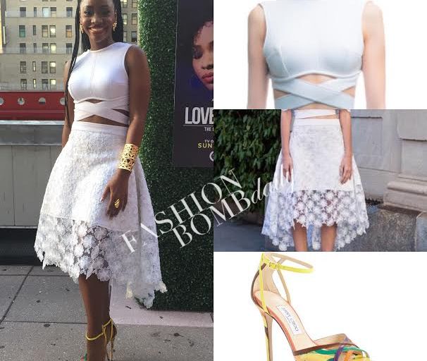 Splurge: Teyonah Parris’ Love Under New Management Premiere Muehleder Marina Tie-Up Top, Katrina Layered Lace Skirt and Jimmy Choo Laurita Feather Print Sandals