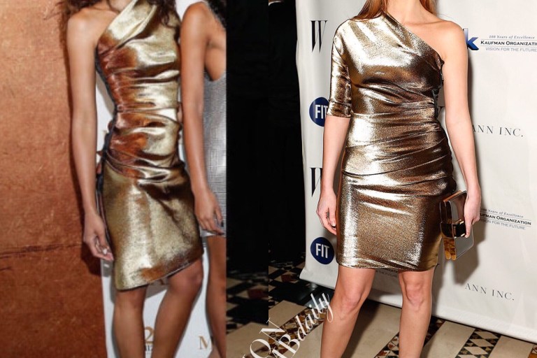 Who Wore It Better? Heidy de la Rosa vs. Jessica Chastain in Lanvin’s Resort 2014 Gold Lamé One Shoulder Dress