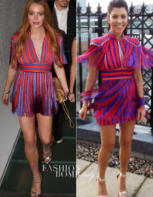 Who Wore It Better: Lindsay Lohan Vs. Kourtney Kardashian in Elisabetta Franchi’s Fall 2016 Red & Blue Fringe Mini Dress