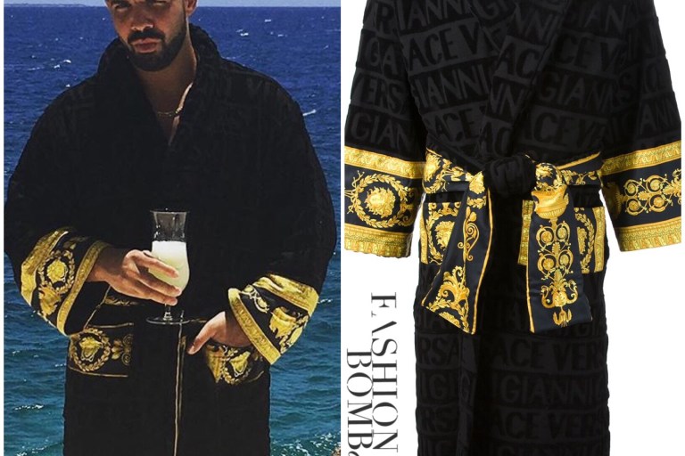 Men’s Fashion Flash: Drake’s Instagram Dominican Republic Versace Black Logo Print Gold Barocco Pattern Belted Bathrobe