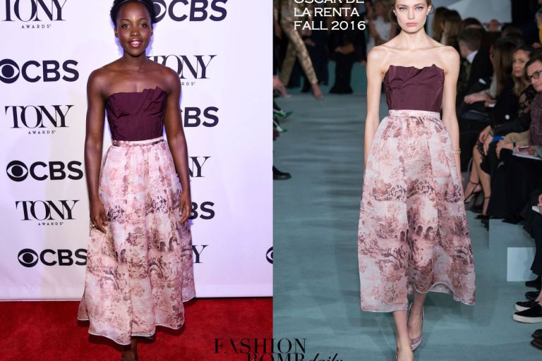Hot! or Hmm… Lupita Nyong’o’s Tony Honors Cocktail Party Oscar de la Renta Fall 2016 Strapless Floral Print Contrast Bodice Dress