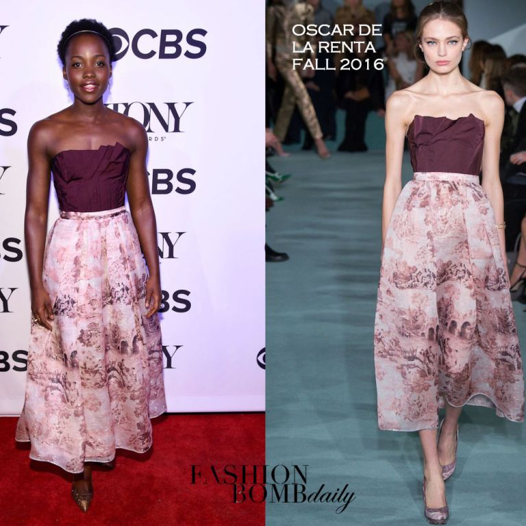 Hot! or Hmm… Lupita Nyong’o’s Tony Honors Cocktail Party Oscar de la Renta Fall 2016 Strapless Floral Print Contrast Bodice Dress