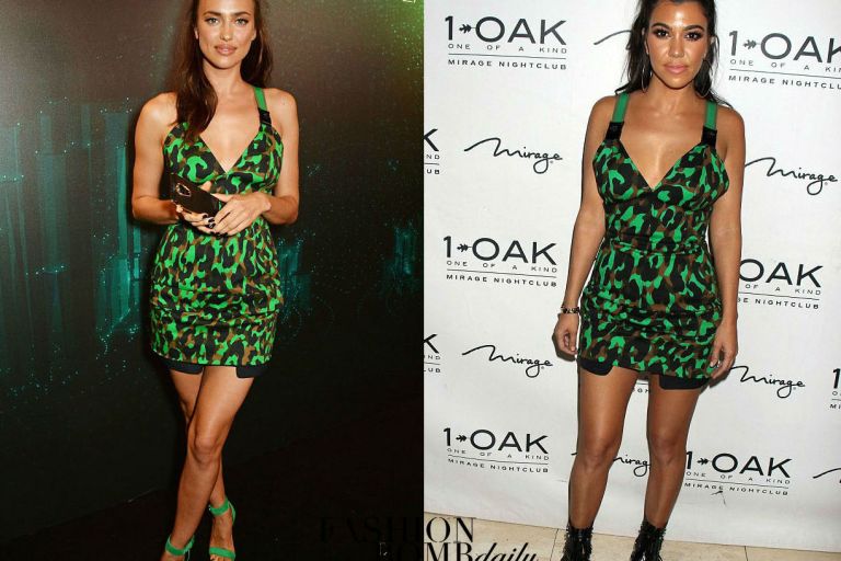 Who Wore It Better? Irina Shayk vs. Kourtney Kardashian in Versace’s Camouflage Print Stretch Mini Dress