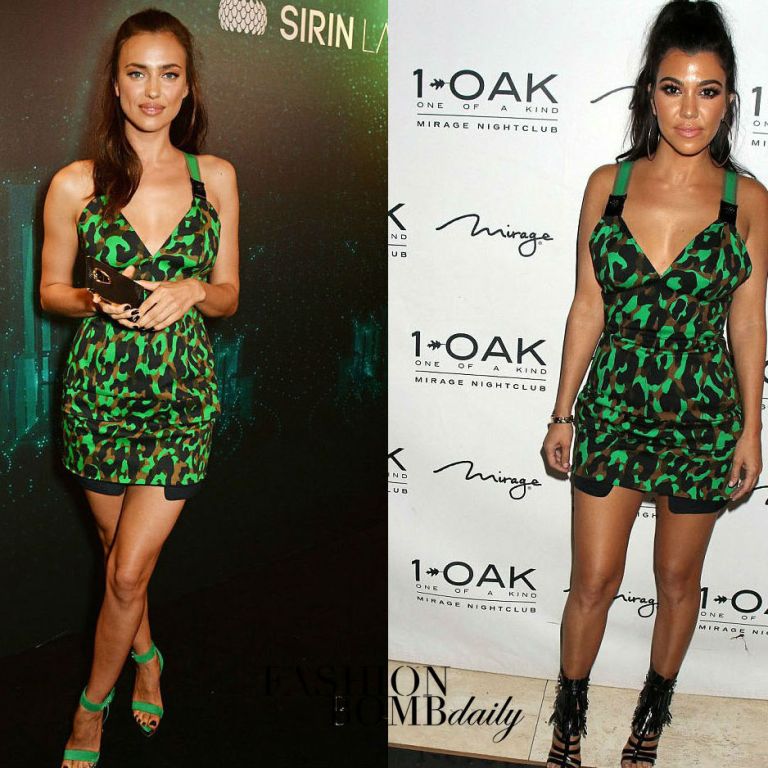 Who Wore It Better? Irina Shayk vs. Kourtney Kardashian in Versace’s Camouflage Print Stretch Mini Dress