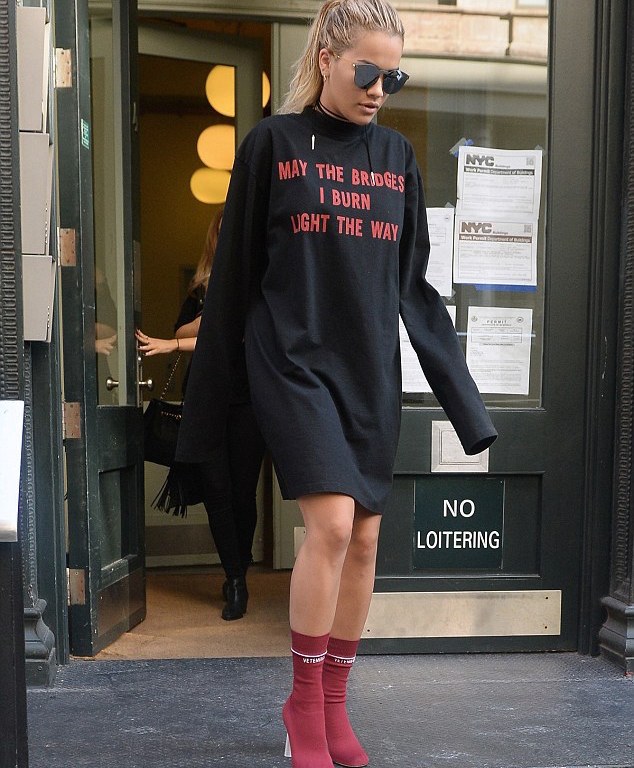 Hot or Hmm…: Rita Ora’s NYC Vetements Over Sized Sweatshirt and Burgundy Sock Boots