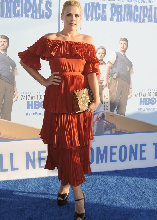 Splurge: Busy Philipps Vice Principals Premiere Self Portrait Off the Shoulder Flounce Dress