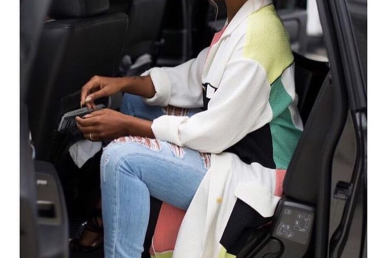 Wardrobe Query: Eve’s Edeline Lee Colorblock Duster Coat and Sophia Webster Yasmina Pom Pom Suede Cage Sandals