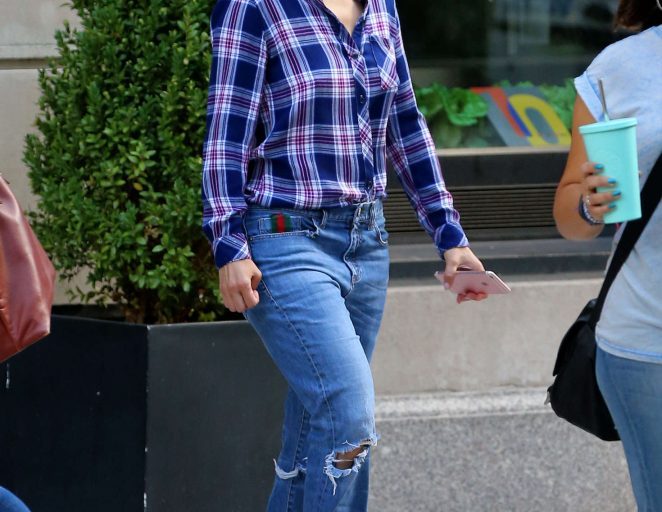 Look for Less: Jennifer Lopez’s New York City Rails Navy, Magenta, and White Hunter Button Down Plaid Shirt, Gucci Boyfriend Jeans, and Roger Vivier Sneaky Viv Zip Sneakers
