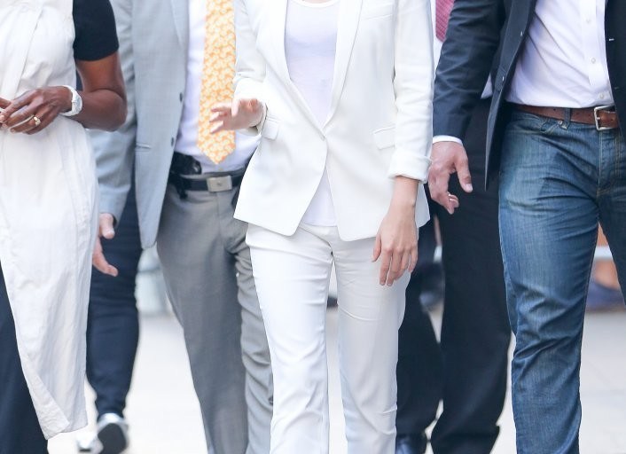 Look for Less: Kristen Stewart’s Good Morning America The Kooples White Satin Collar Flowing Jacket and White Flowing Trousers