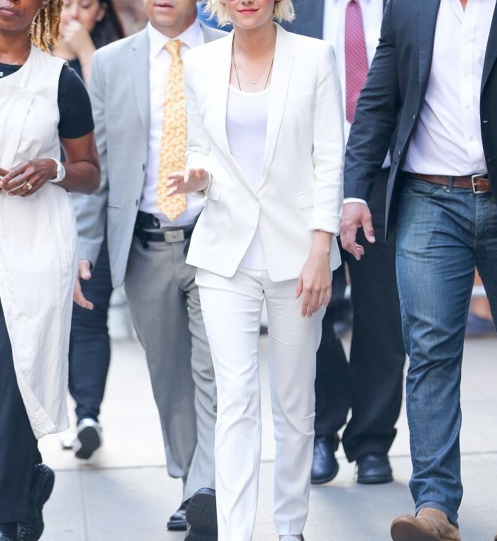 Look for Less: Kristen Stewart’s Good Morning America The Kooples White Satin Collar Flowing Jacket and White Flowing Trousers