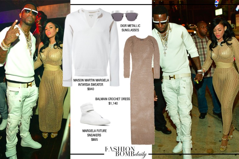 Men’s Fashion Flash: Gucci Mane’s Atlanta Prive Maison Martin Margiela Cream Intarsia Sweater, Margiela Sneakers, and Dior Metallic Sunglasses + Keyshia Kaior’s Balmain Brown Crochet Dress