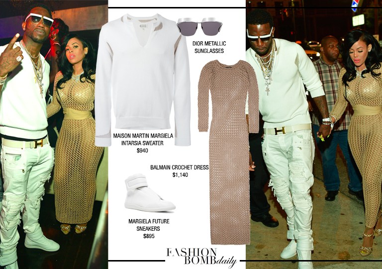 Men’s Fashion Flash: Gucci Mane’s Atlanta Prive Maison Martin Margiela Cream Intarsia Sweater, Margiela Sneakers, and Dior Metallic Sunglasses + Keyshia Kaior’s Balmain Brown Crochet Dress
