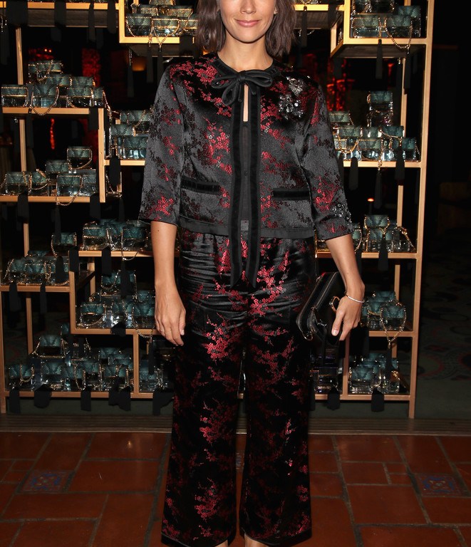Splurge: Rashida Jones’s Marc Jacobs Divine Decadence Fragrance Dinner Marc Jacobs Cherry Blossom Jacquard Jacket, Pants, and Black Debbie Sandals