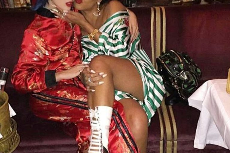 Splurge: Rihanna’s Instagram Dolce and Gabbana Spring 2016 Green Striped Silk Maxi Dress, Gucci ‘Finnlay’ Leather High Boots and Versace Spring 2016 Multicolored Dusty Green Palazzo Backpack