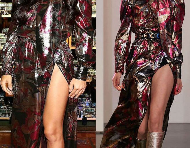 Hot! or Hmm… Adriana Lima’s Marc Jacobs Divine Decadence Fragrance Dinner Marc Jacobs Resort 2017 Lamé Print Tie Neck Slit Dress