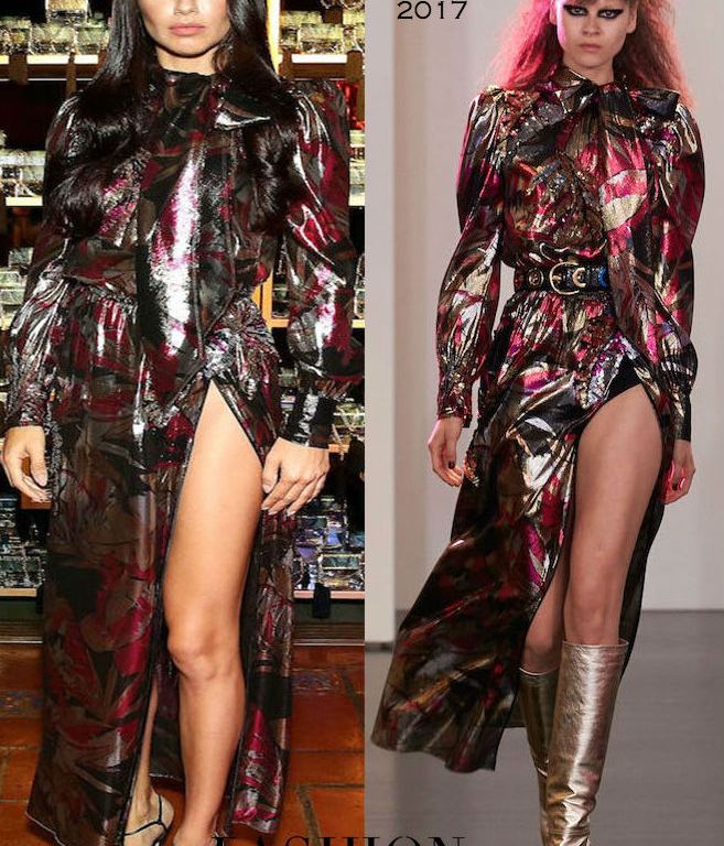 Hot! or Hmm… Adriana Lima’s Marc Jacobs Divine Decadence Fragrance Dinner Marc Jacobs Resort 2017 Lamé Print Tie Neck Slit Dress