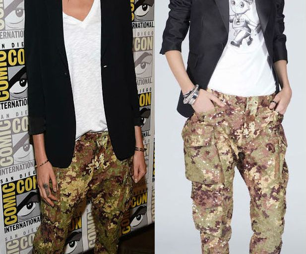 Hot! or Hmm… Cara Delevingne’s EuropaCorp Press Line DSquared2 Resort 2017 Camo Sequin Pants and Two Tone Lace-Up Booties