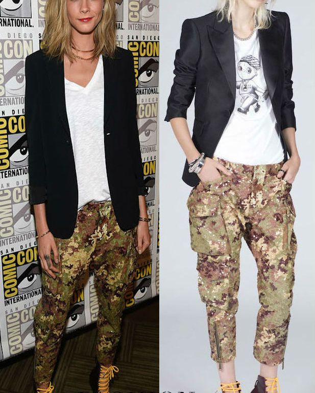 Hot! or Hmm… Cara Delevingne’s EuropaCorp Press Line DSquared2 Resort 2017 Camo Sequin Pants and Two Tone Lace-Up Booties