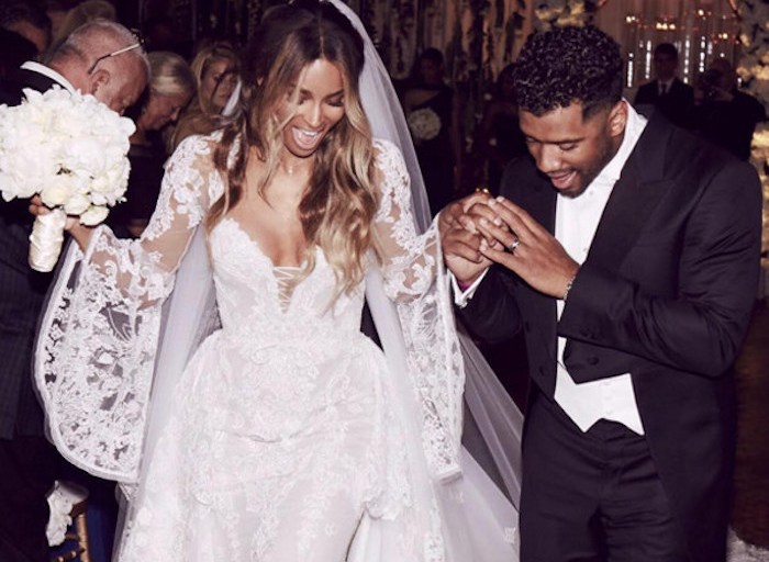 Fashion News: Ciara Marries Russell Wilson In Cavalli Couture White Silk Tulle Chantilly Lace Applique Bridal Gown