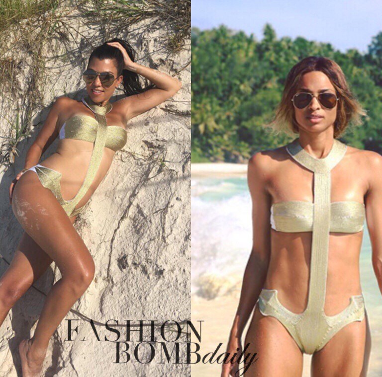 Who Wore It Better? Kourtney Kardashian vs. Ciara in La Perla’s Gold Tone Anchor Cutout Swimsuit