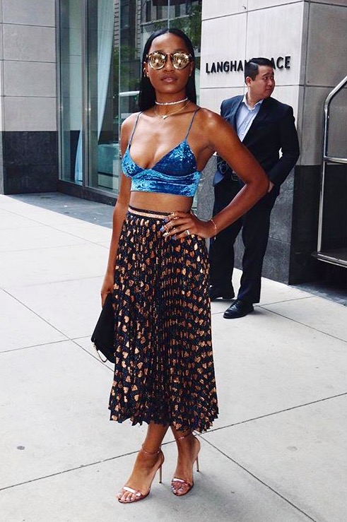 Splurge: Keke Palmer’s Instagram Gucci Heart Print Black And Bronze Pleated Midi Skirt