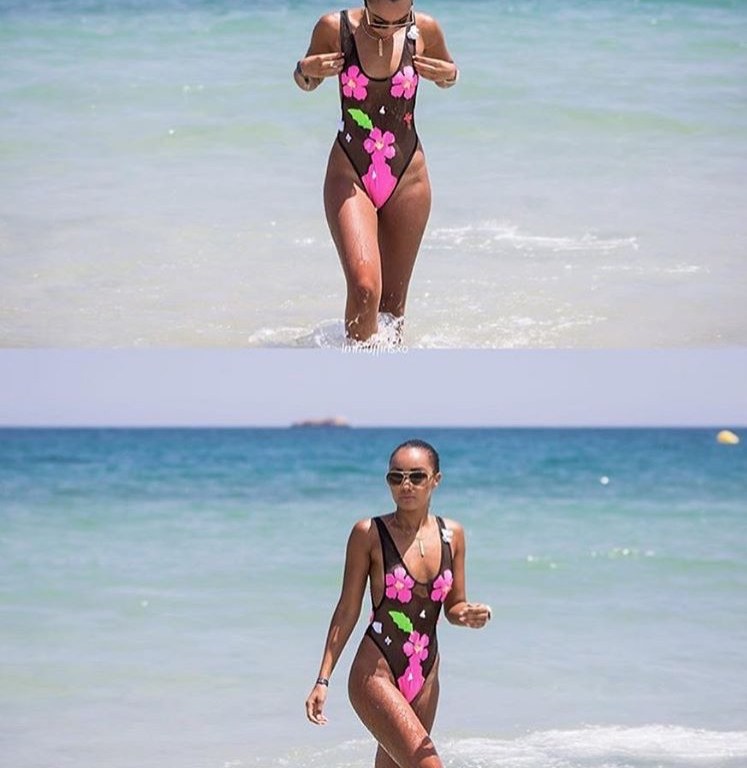 Splurge: Leigh-Anne Pinnock’s Instagram Lee + Lani The Hibiscus Mesh Floral Applique High Cut Leg Swimsuit