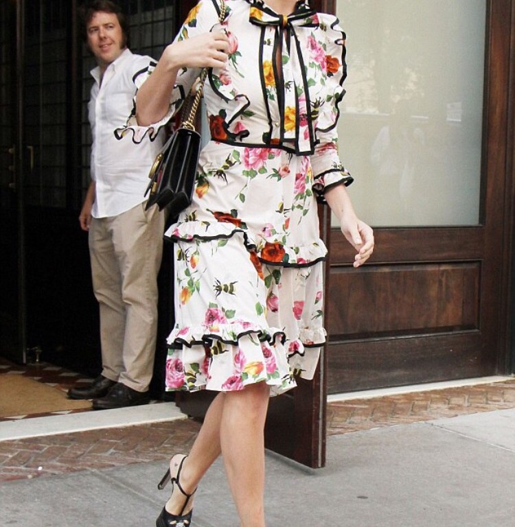 Get The Look: Margot Robbie’s New York City Gucci Rose Print Ribbon Bow Neckline Poplin Mid Length Dress and Black Leather Studded Platform Pumps