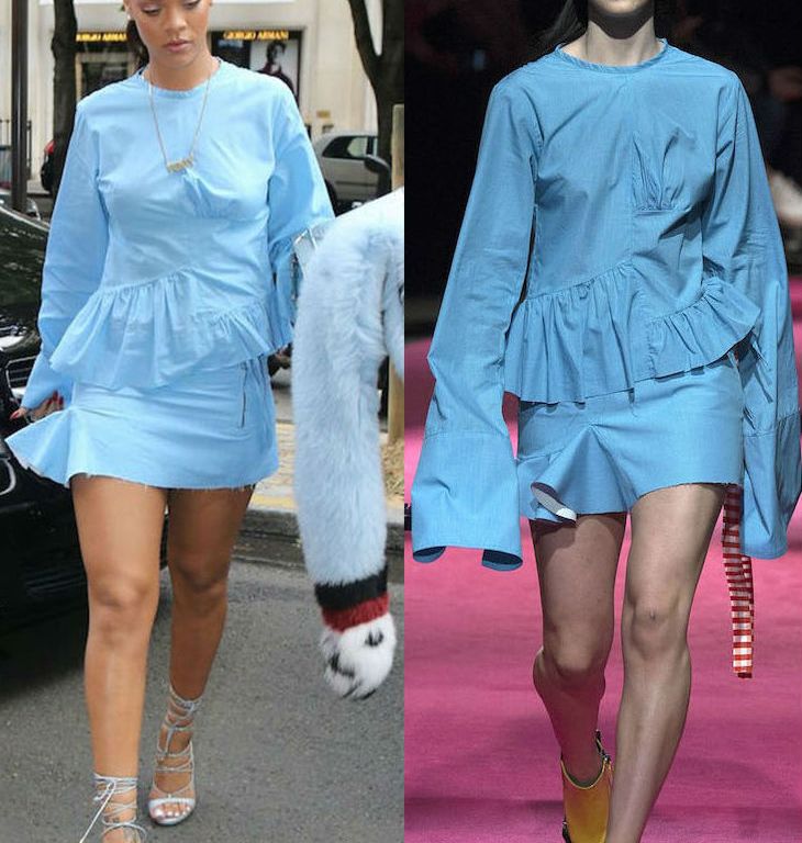 Hot! or Hmm… Rihanna’s Paris Fendi Fall 2016 Fur Stole, Marques Almeida Fall 2016 Denim Ruffle Top, Raw Edge Mini Skirt, and DSquared2 Silver Riri Sandals