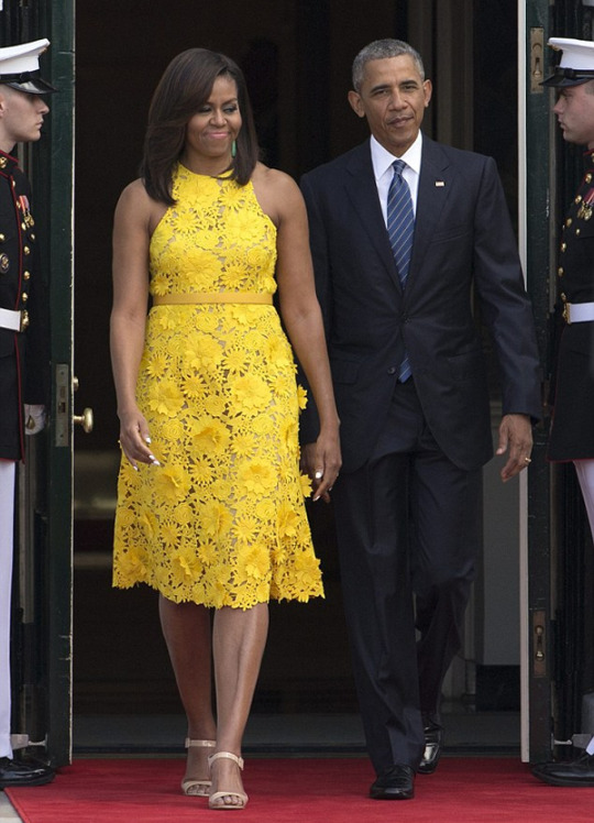 First Lady Michelle Obama Wears Yellow Naeem Khan Floral Embroidered Dress to Welcome Singapore Prime Minister Lee Hsien Loong To The White House