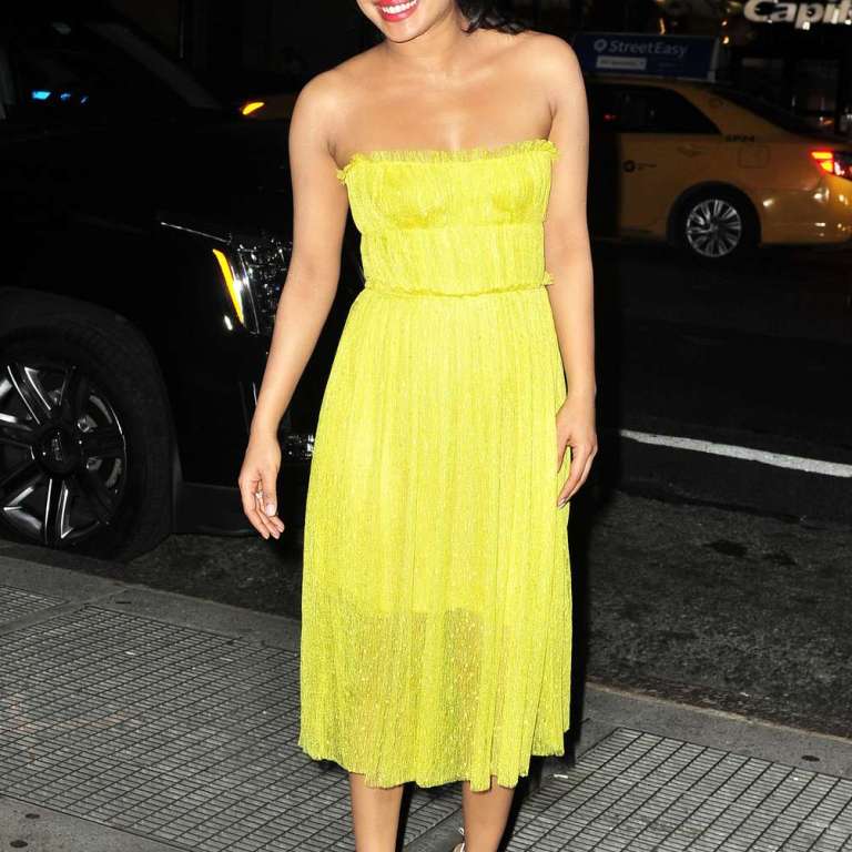 Hot! Or Hmm…: Priyanka Chopra’s New York City Jason Wu Fall 2016 Yellow Strapless Layered Dress and Aquazzura <em> Linda </em> Silver Mirrored Leather Ankle Tie Sandals