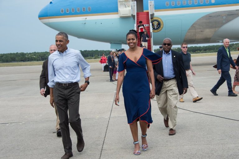 First Lady Michelle Obama Wears Tory Burch Resort 2017 Navy Flutter Sleeve Orange Piping Wrap Dress and Fendi Floral Applique Block Heel Sandals To Martha’s Vineyard