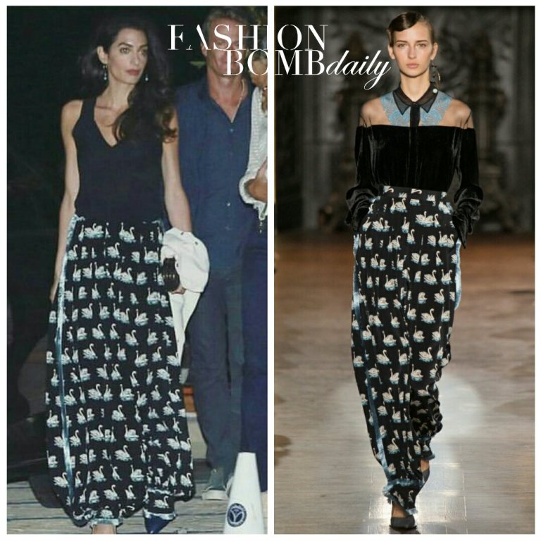 Hot! Or Hmm…: Amal Clooney’s Stella McCartney Fall 2016 Swan Print Satin Trimmed Pants