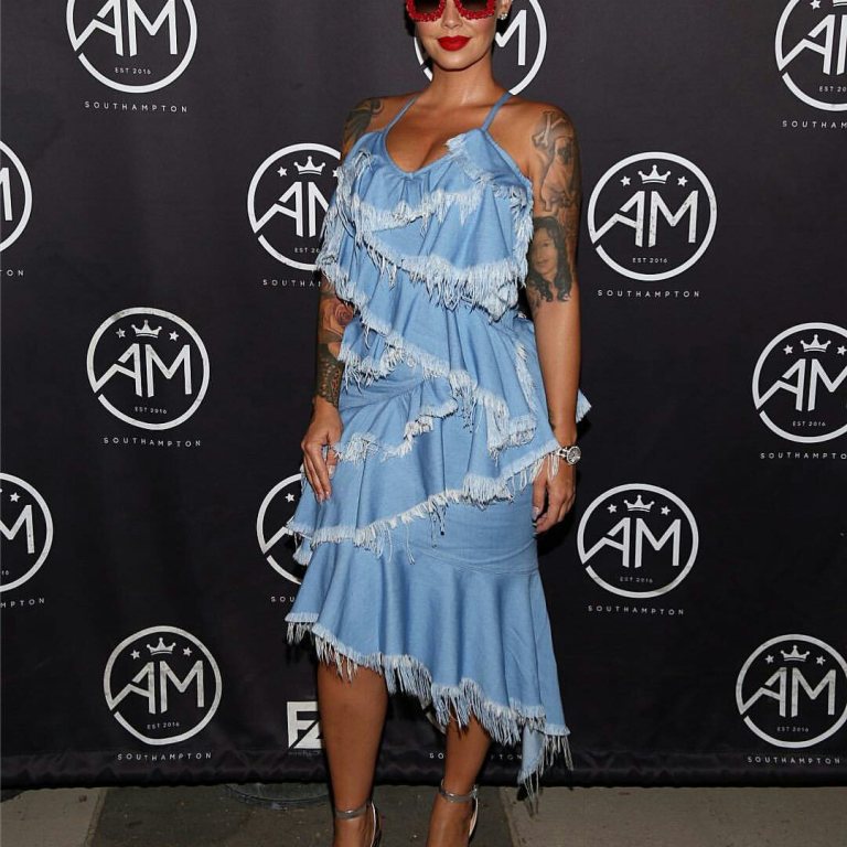 Hot! Or Hmm…: Amber Rose’s AM Southampton Nightclub Marques Almeida Resort 2016 Tiered Asymmetric Denim Dress, Giuseppe Zanotti ‘Lavinia’ Metallic Chunky Heels and Dolce and Gabbana Rose Embellished Square Sunglasses