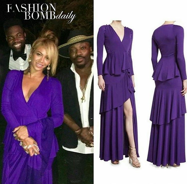 Splurge: Beyoncé Attends Lyor Cohen’s Hamptons Wedding in Roberto Cavalli Violet Long-Sleeved Tiered Ruffle Jersey Gown