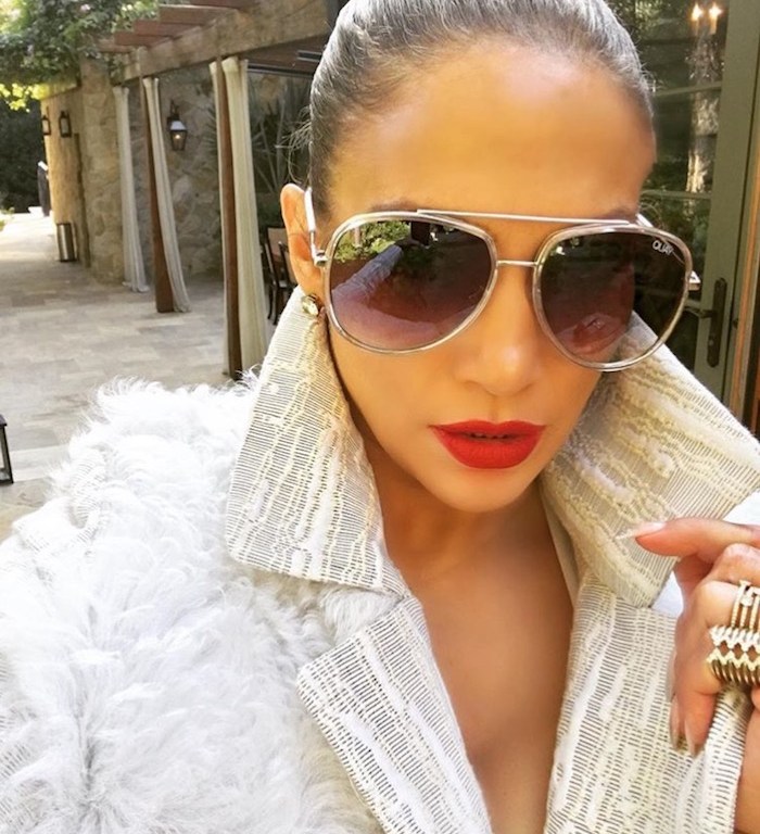 Get The Look: Jennifer Lopez’s Instagram RD Roth Collection Off White Textured Fur Trim Jacquard Coat and Quay Australia <em> Needing Fame </em> Sunglasses
