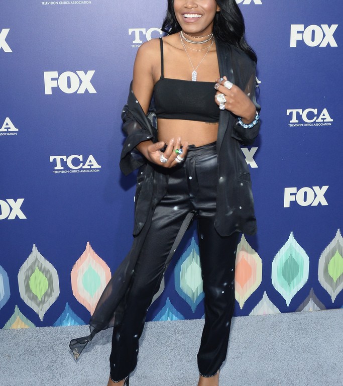 Hot! Or Hmm…: KeKe Palmer’s FOX Summer TCA Press Tour Baja East Fall 2016 Silk Patterned Pant Suit and Chiara Ferragni Velvet Monster Eye Sandals