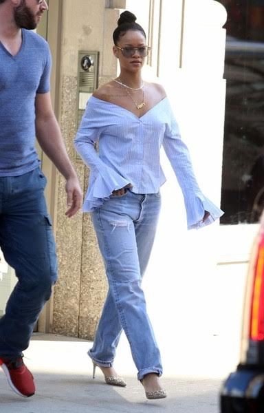 Splurge: Rihanna’s NYC VMA Rehearsal Jacquemus Striped Off the Shoulder Top and Rene Caovilla Embellished Sling Back Pumps