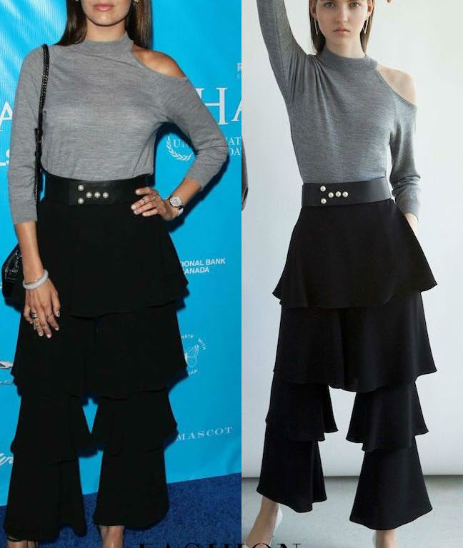 Hot! or Hmm… Camilla Belle’s Special Event For UN Secretary-General Ban Ki-moon Osman Resort 2017 Grey Cutout Sweater, Black Pearl Embellished Belt, and Black Tiered Ruffle Pants