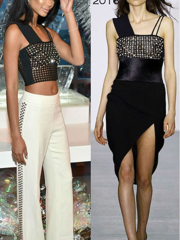 Hot! or Hmm… Chanel Iman’s W Dubai Opening Party David Koma Fall 2016 Asymmetric Embellished Crop Top and White High Waist Embellished Trousers