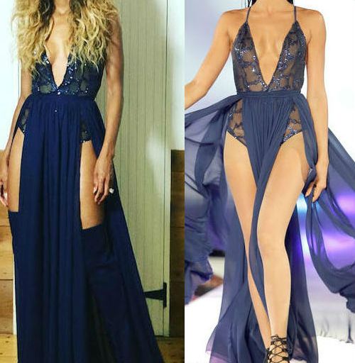 Hot! or Hmm… Ciara’s Instagram Michael Costello Capsule Collection 2017 Navy Sheer Embellished Slit Gown