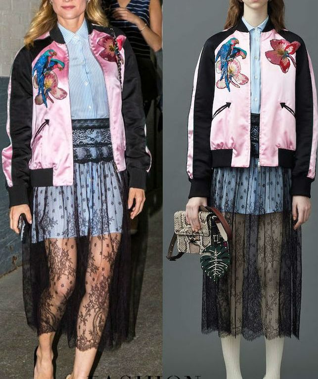 Hot! or Hmm… Diane Kruger’s AOL Build Valentino Resort 2017 Pink and Black Embroidered Bomber, Blue Striped Button Front Tunic, and Sheer Black Lace Midi Skirt