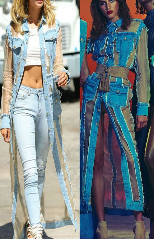 Hot! or Hmm… Hailey Baldwin’s New York City Quay High and Dry Sunglasses, Balmain Resort 2017 Long Sheer Panel Denim Jacket, and Monika Chiang Carla Sandals